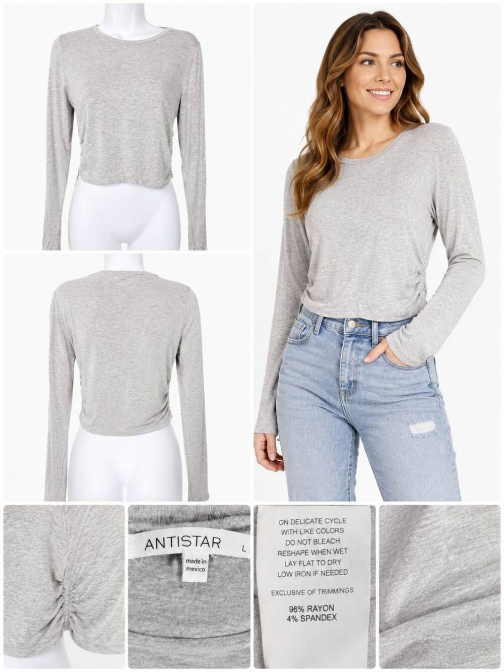 Antistar Gray Long Sleeve Side Ruched Crop Top Stretchy Lightweight Tee L